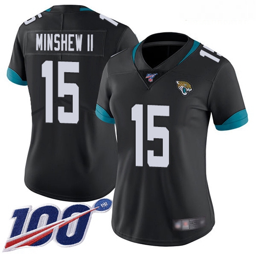 Jaguars #15 Gardner Minshew II Black Team Color Women Stitched Football 100th Season Vapor Limited J