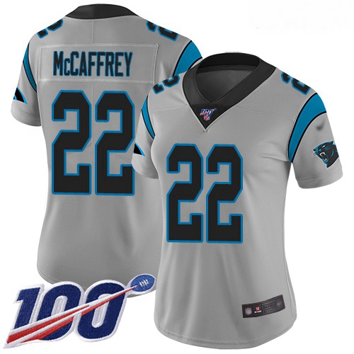 Panthers #22 Christian McCaffrey Silver Women Stitched Football Limited Inverted Legend 100th Season