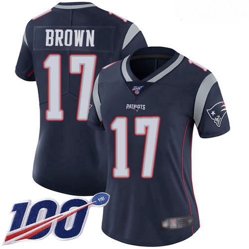 Patriots #17 Antonio Brown Navy Blue Team Color Women Stitched Football 100th Season Vapor Limited J