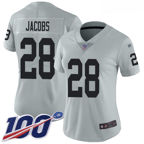 Raiders #28 Josh Jacobs Silver Women Stitched Football Limited Inverted Legend 100th Season Jersey