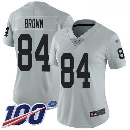 Raiders #84 Antonio Brown Silver Women Stitched Football Limited Inverted Legend 100th Season Jersey