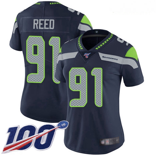 Seahawks #91 Jarran Reed Steel Blue Team Color Women Stitched Football 100th Season Vapor Limited Je