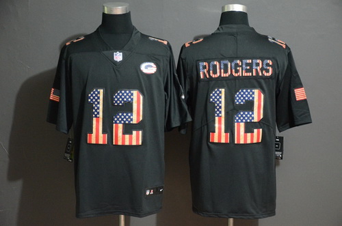 Packers 12 Aaron Rodgers 2019 Black Salute To Service USA Flag Fashion Limited Jersey