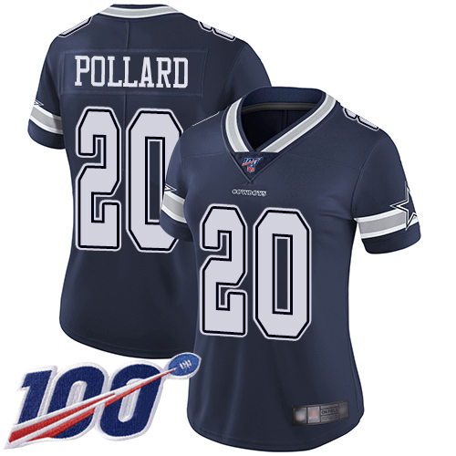 Women Cowboys 20 Tony Pollard Navy Blue Team Color Stitched Football 100th Season Vapor Limited Jers