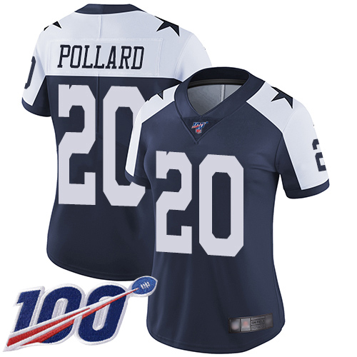 Women Cowboys 20 Tony Pollard Navy Blue Thanksgiving Stitched Football 100th Season Vapor Throwback 