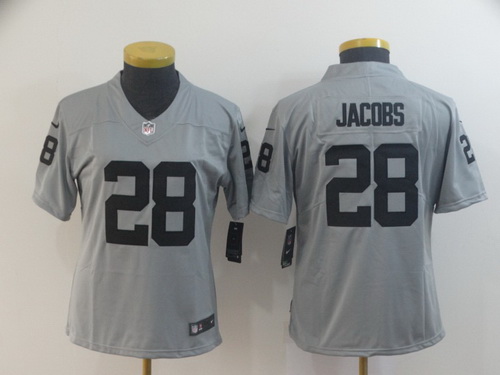 Women Nike Raiders 28 Josh Jacobs Silver Inverted Legend Limited Jersey