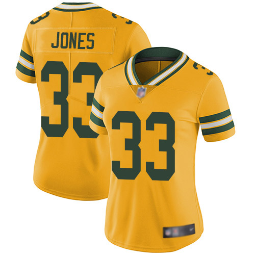 Women Packers 33 Aaron Jones Yellow Stitched Football Limited Rush Jersey