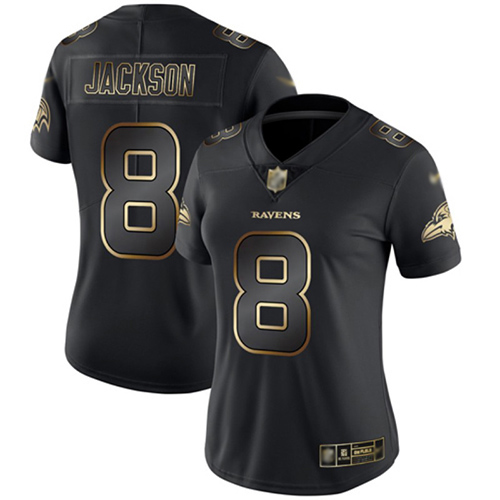 Women Ravens 8 Lamar Jackson Black Gold Stitched Football Vapor Untouchable Limited Jersey