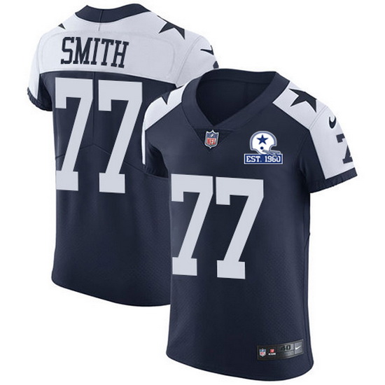 Nike Cowboys 77 Tyron Smith Navy Blue Thanksgiving Men Stitched With Established In 1960 Patch NFL V