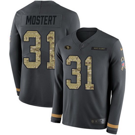 Nike 49ers 31 Raheem Mostert Anthracite Salute to Service Men Stitched NFL Limited Therma Long Sleev