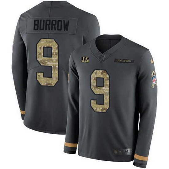 Nike Bengals 9 Joe Burrow Anthracite Salute to Service Men Stitched NFL Limited Therma Long Sleeve J