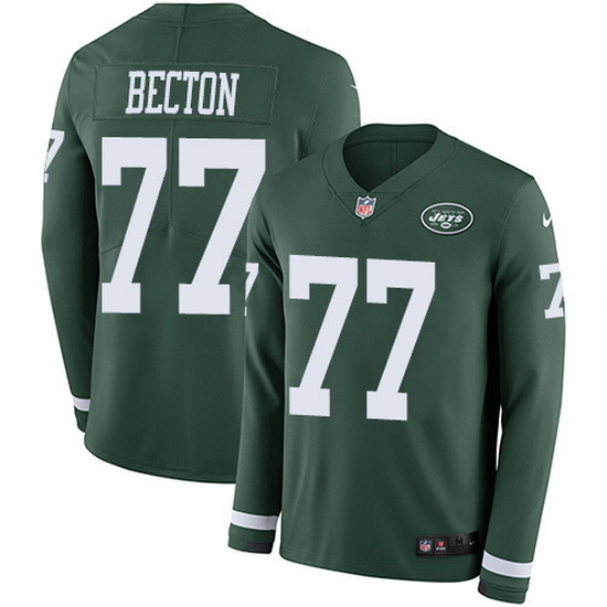 Nike Jets 77 Mekhi Becton Green Team Color Men Stitched NFL Limited Therma Long Sleeve Jersey