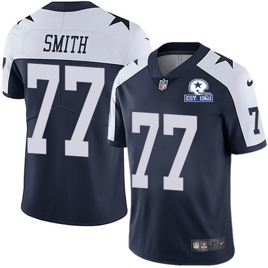 Nike Cowboys 77 Tyron Smith Navy Blue Thanksgiving Men Stitched With Established In 1960 Patch NFL V