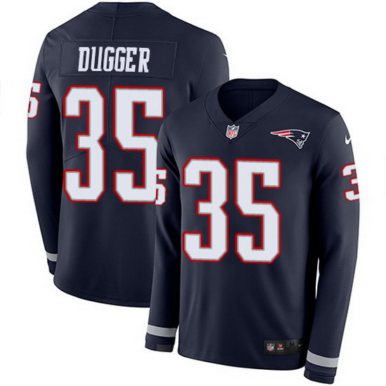 Nike Patriots 35 Kyle Dugger Navy Blue Team Color Men Stitched NFL Limited Therma Long Sleeve Jersey