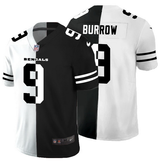 Cincinnati Bengals 9 Joe Burrow Men Black V White Peace Split Nike Vapor Untouchable Limited NFL Jer