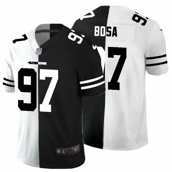 San Francisco 49ers 97 Nick Bosa Men Black V White Peace Split Nike Vapor Untouchable Limited NFL Je