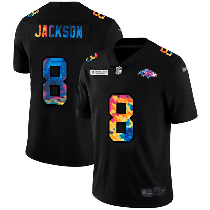 Baltimore Ravens 8 Lamar Jackson Men Nike Multi Color Black 2020 NFL Crucial Catch Vapor Untouchable