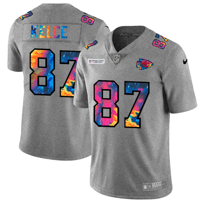 Kansas City Chiefs 87 Travis Kelce Men Nike Multi Color 2020 NFL Crucial Catch NFL Jersey Greyheathe