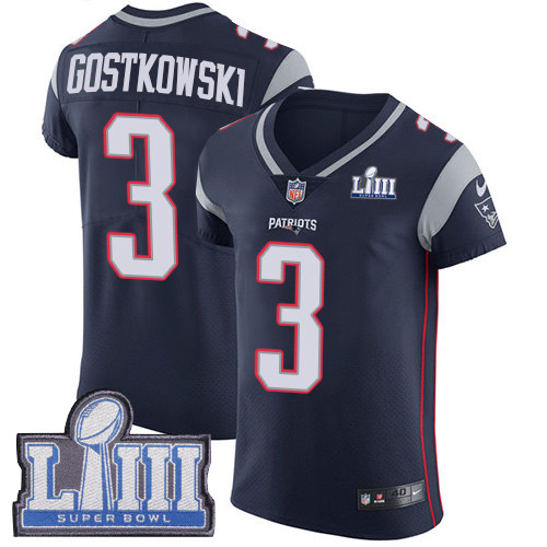 Nike New England Patriots 3 Stephen Gostkowski Navy Blue Team Color Super Bowl LIII Bound Men Stitch