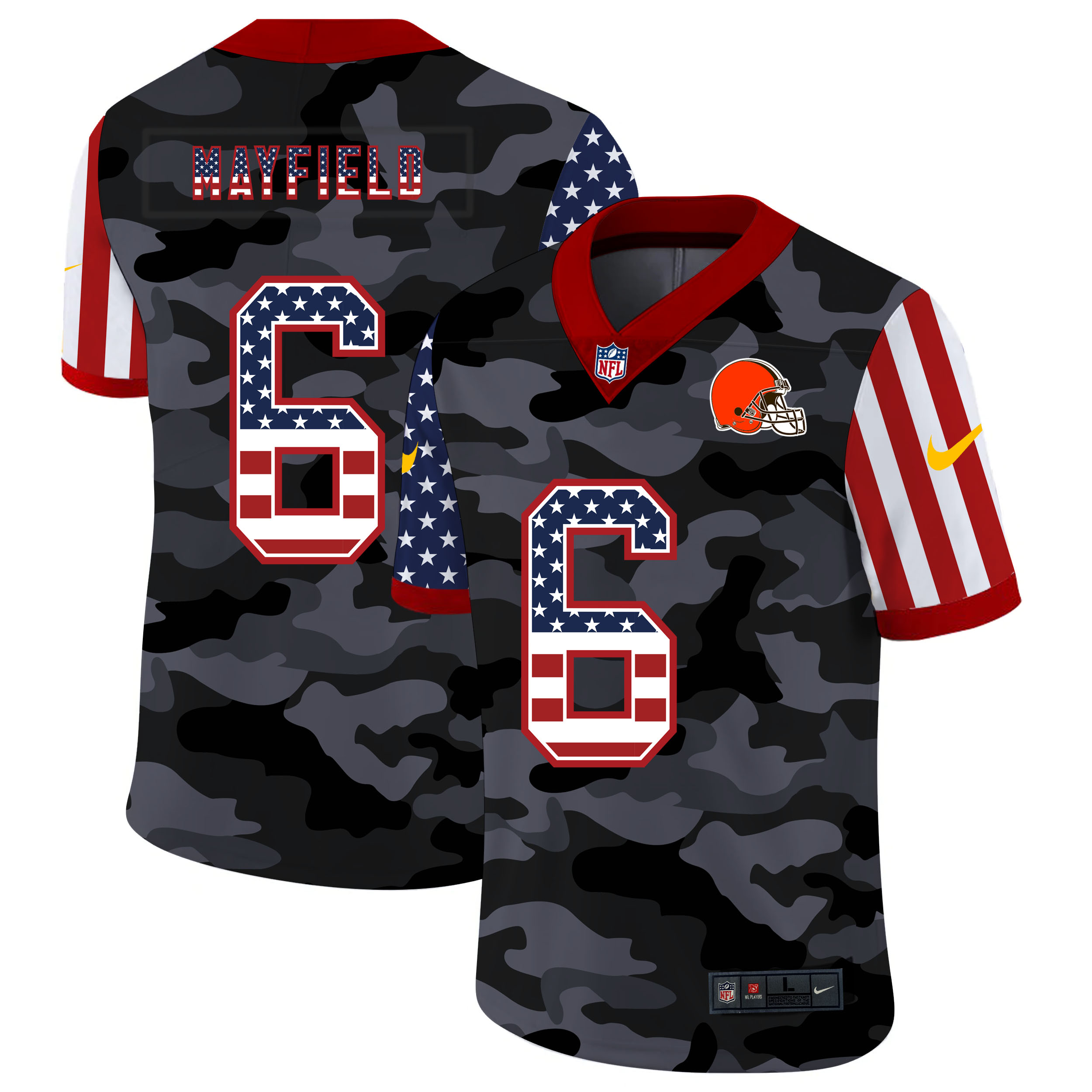 Nike Cleveland Browns 6 Baker Mayfield Camo 2020 USA Flag Salute To Service Limited Jersey