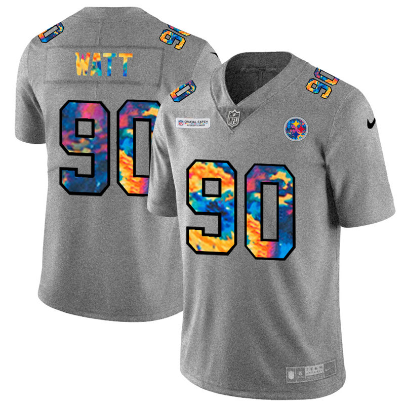 Pittsburgh Steelers 90 T J  Watt Men Nike Multi Color 2020 NFL Crucial Catch NFL Jersey Greyheather