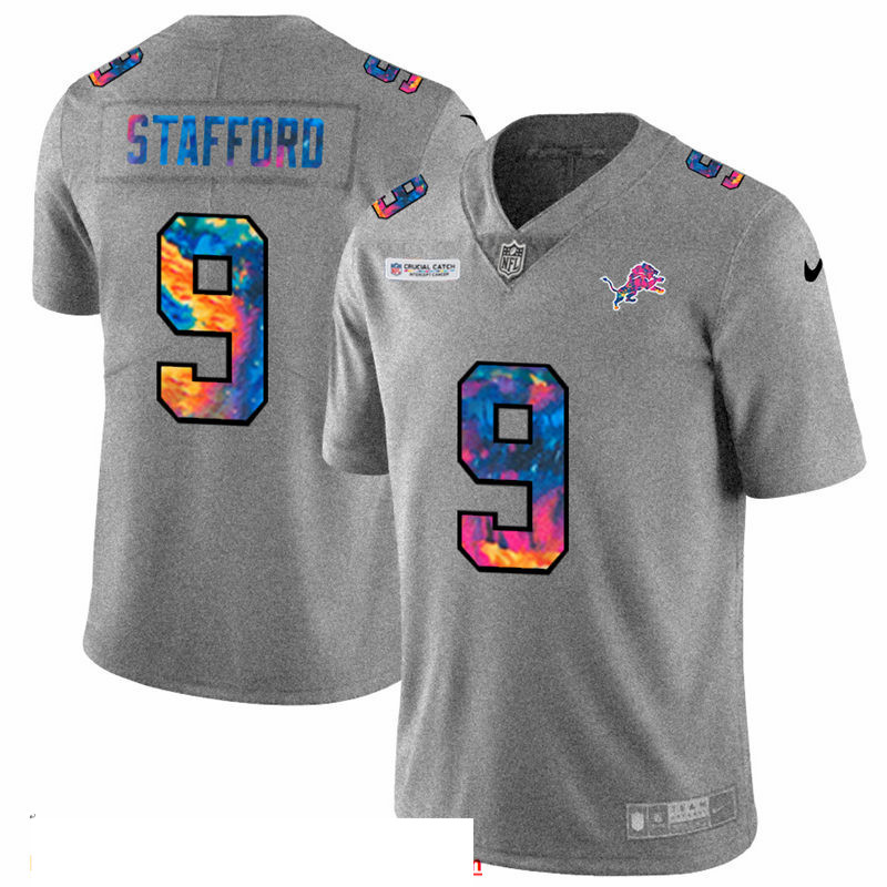 Men Detroit Lions 9 Matthew Stafford Men Nike Multi Color 2020 NFL Crucial Catch NFL Jersey Greyheat