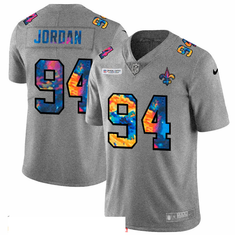 Men New Orleans Saints 94 Cameron Jordan Men Nike Multi Color 2020 NFL Crucial Catch NFL Jersey Grey