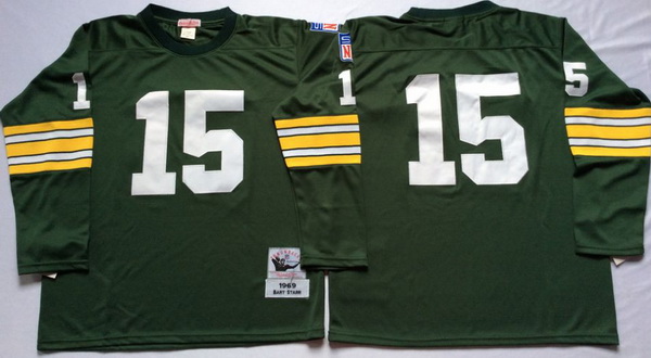 Men Green Bay Green Bay Packers 15 Bart Starr Green Long Sleeve M&N Throwback Jersey