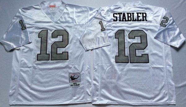 Men Las Vegas Raiders 12 Ken Stabler White Silver M&N Throwback Jersey