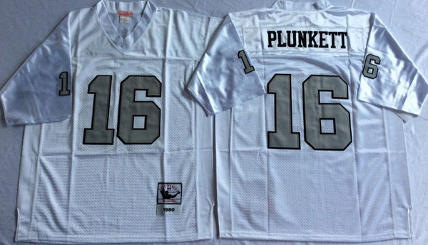 Men Las Vegas Raiders 16 Jim Plunkett White Silver M&N Throwback Jersey