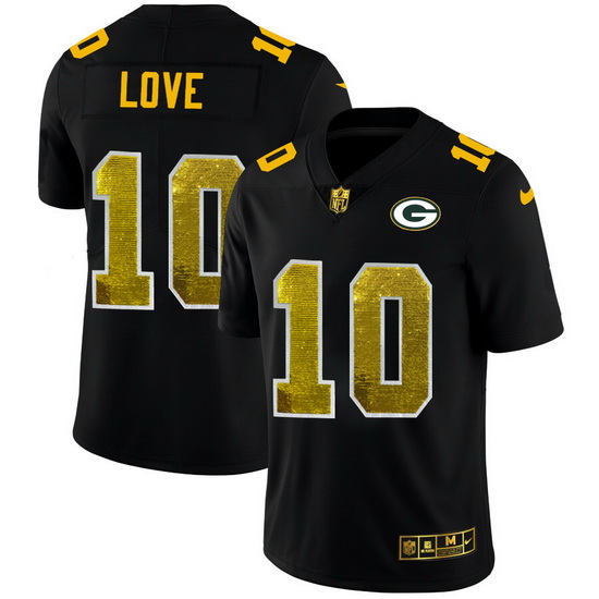 Green Bay Green Bay Green Bay Green Bay Packers 10 Jordan Love Men Black Nike Golden Sequin Vapor Li