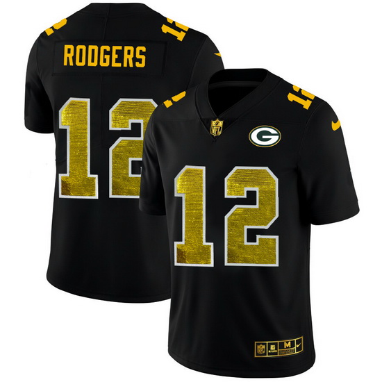 Green Bay Green Bay Green Bay Green Bay Packers 12 Aaron Rodgers Men Black Nike Golden Sequin Vapor 