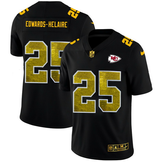 Kansas City Chiefs 25 Clyde Edwards Helaire Men Black Nike Golden Sequin Vapor Limited NFL Jersey