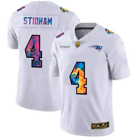 New England Patriots 4 Jarrett Stidham Men White Nike Multi Color 2020 NFL Crucial Catch Limited NFL