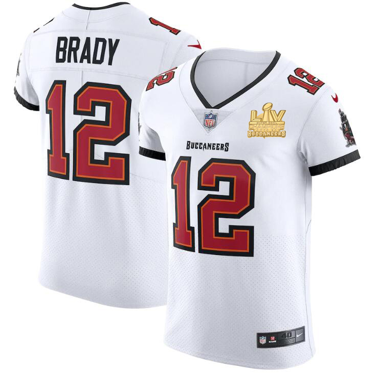 Men Tampa Bay Buccaneers 12 Tom Brady Men Super Bowl LV Champions Patch Nike White Vapor Elite Jerse