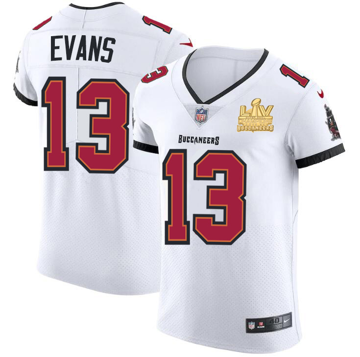 Men Tampa Bay Buccaneers 13 Mike Evans Men Super Bowl LV Champions Patch Nike White Vapor Elite Jers