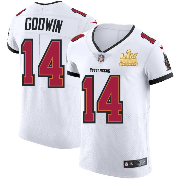 Men Tampa Bay Buccaneers 14 Chris Godwin Men Super Bowl LV Champions Patch Nike White Vapor Elite Je