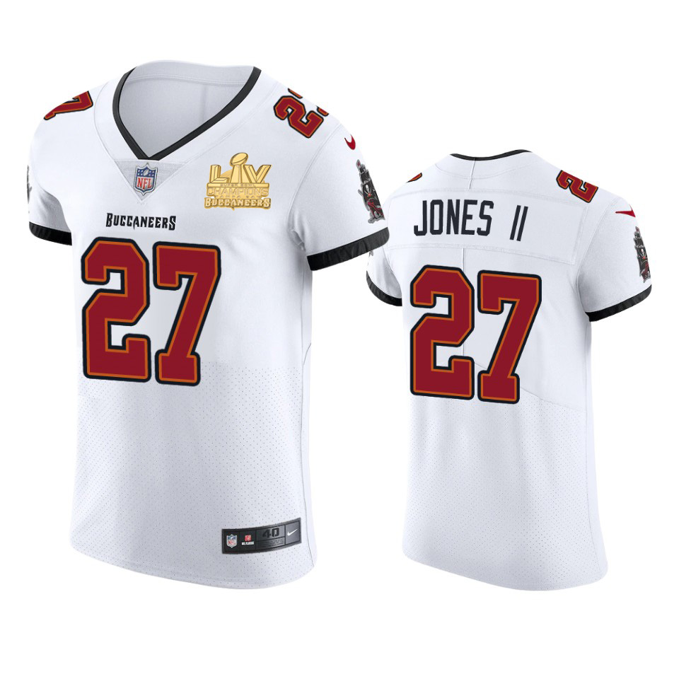 Men Tampa Bay Buccaneers 27 Ronald Jones II Men Super Bowl LV Champions Patch Nike White Vapor Elite