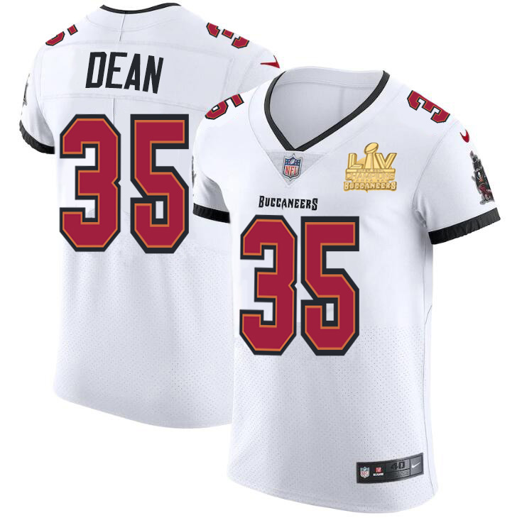 Men Tampa Bay Buccaneers 35 Jamel Dean Men Super Bowl LV Champions Patch Nike White Vapor Elite Jers