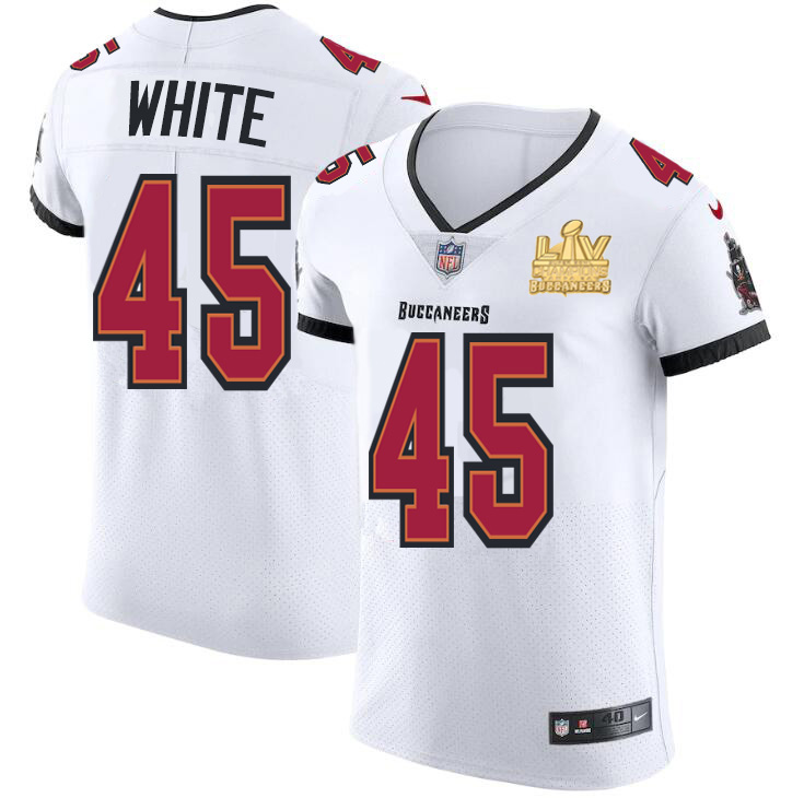 Men Tampa Bay Buccaneers 45 Devin White Men Super Bowl LV Champions Patch Nike White Vapor Elite Jer