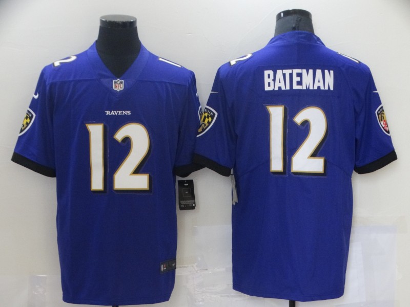 Men Baltimore Ravens 12 Rashod Bateman 2021 Vapor Untouchable Purple Stitched Jersey