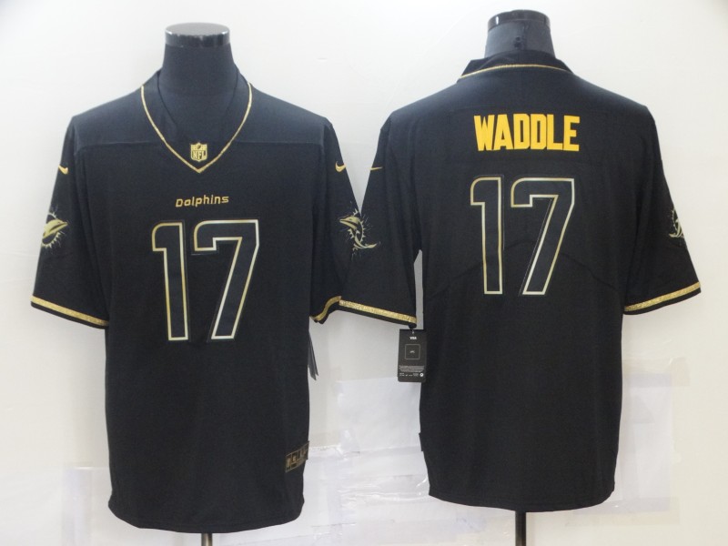 Men Miami Dolphins Jaylen Waddle 17 Orange 2021 Black Gold Limited Stitched NFL Jersey