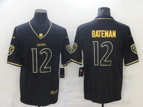 Men Baltimore Ravens 12 Rashod Bateman Black Golden Edition Jersey