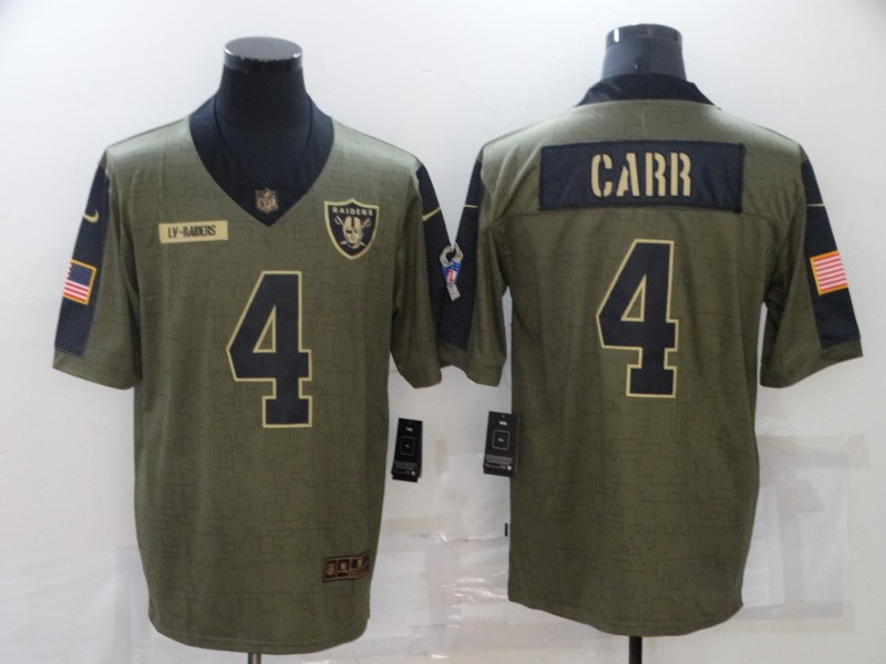 Men's Oakland Raiders #4 Derek Carr Nike Olive 2021 Salute To Service Limited Jersey