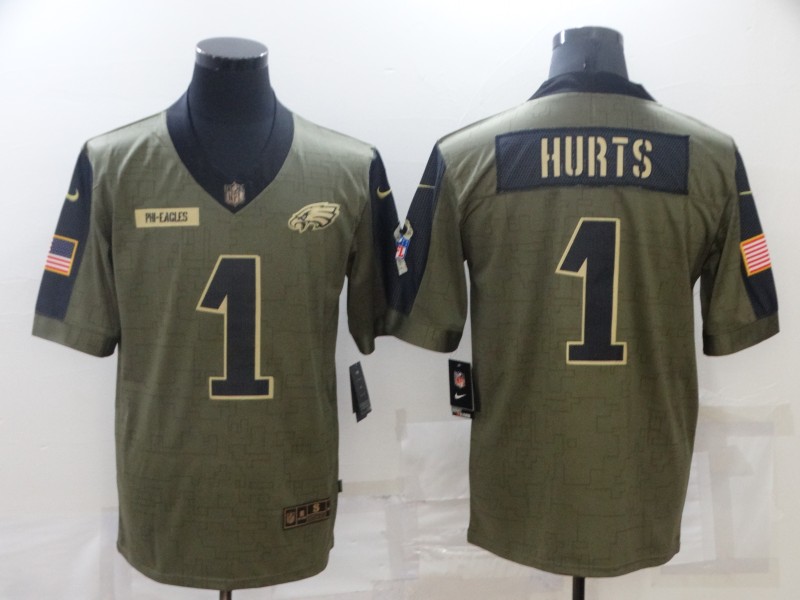 Men's Philadelphia Eagles #1 Jalen Hurts Nike Olive 2021 Salute To Service Limited Jersey