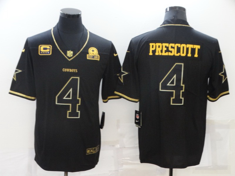 Men Dallas Cowboys 4 Dak Prescott Black Golden With C Patch Edition Limited Stitched Jersey