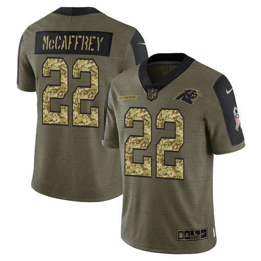 Men Carolina Panthers 22 Christian McCaffrey 2021 Salute To Service Olive Camo Limited Stitched Jers