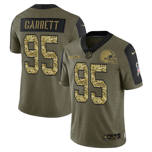 Men Cleveland Browns 95 Myles Garrett 2021 Salute To Service Olive Camo Limited Stitched Jersey