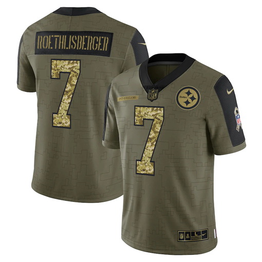 Men Pittsburgh Steelers 7 Ben Roethlisberger 2021 Salute To Service Olive Camo Limited Stitched Jers