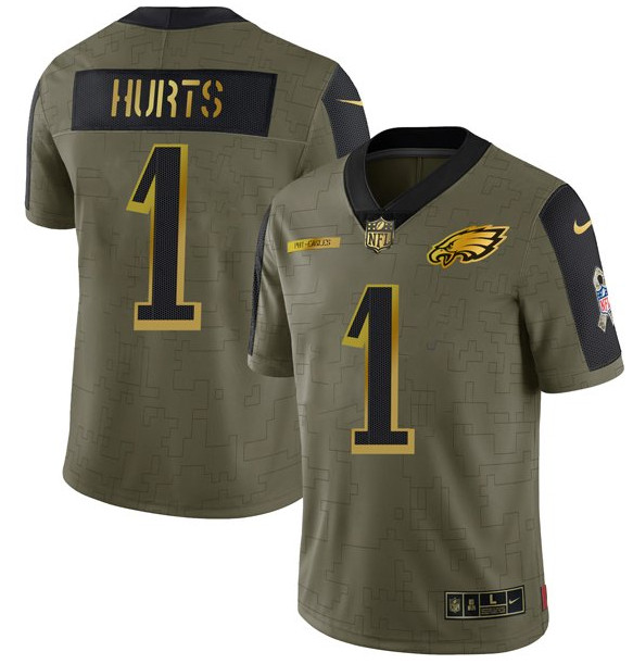 Men Philadelphia Eagles 1 Jalen Hurts 2021 Olive Camo Salute To Service Golden Limited Stitched Jers